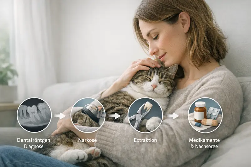 Illustration der Ablaufkette bei Zahnextraktionen von Katzen, einschließlich Diagnose, Narkose und Nachsorge.