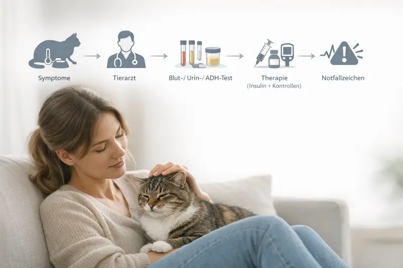Erklärgrafik zur Behandlung von Katzen mit Diabetes: Symptome, Tierarztbesuch, Tests, Therapie und Notfallzeichen.