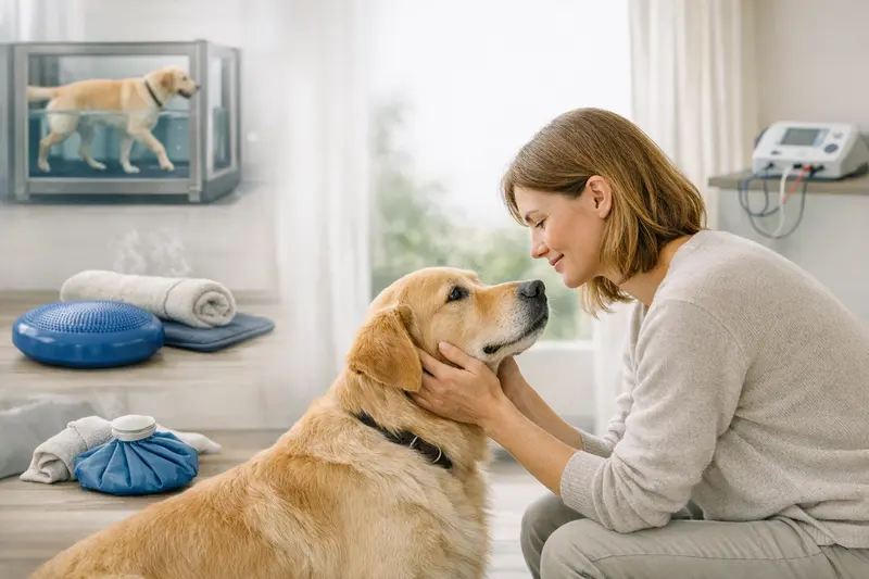 Illustration der aktiven und passiven Rehabilitationsmethoden für Hunde, einschließlich Unterwasserlaufband und Elektrotherapie.