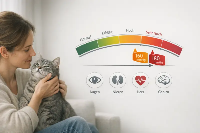 Erklärgrafik einer Blutdruck-Skala für Katzen mit Markern und Icons für Augen, Nieren, Herz und Gehirn.