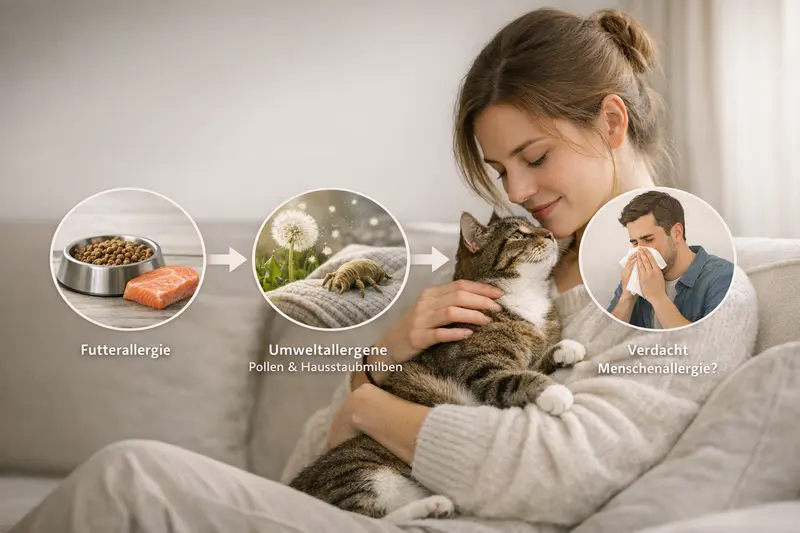 Erklärgrafik zeigt den Diagnosepfad für Katzen bei Futter- und Umweltallergien.