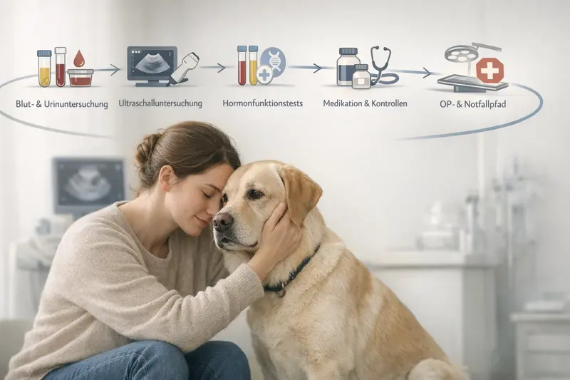 Grafik zur Erklärung des Diagnostik- und Therapiepfades bei Hunden, einschließlich Blut- und Urintests, Ultraschall und Medikation.