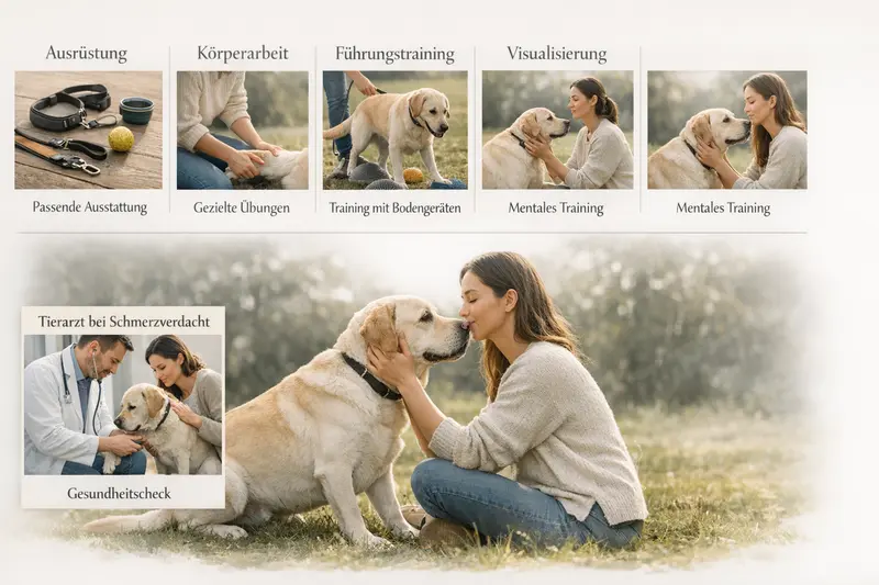 Erklärgrafik über die vier Grundpfeiler der Hundepflege: Ausrüstung, Körperarbeit, Führungstraining und Visualisierung.