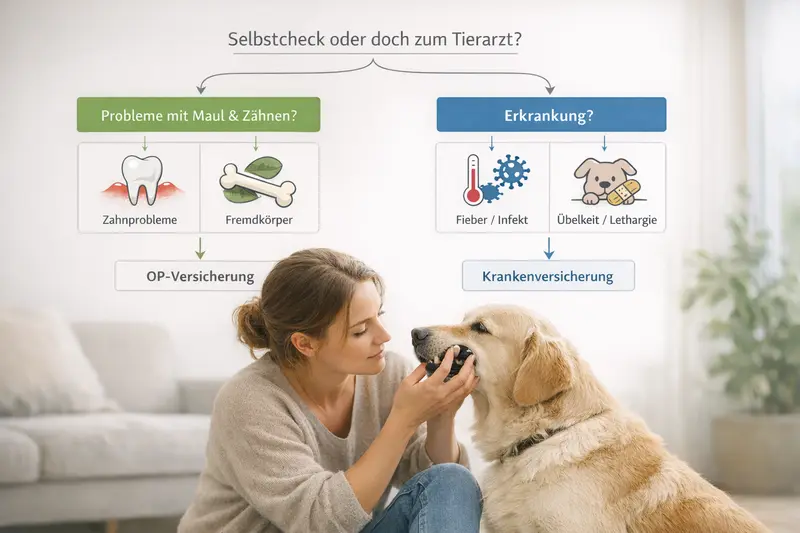 Entscheidungsbaum zur Untersuchung von Hundepatienten mit Fokus auf Maul-/Zahnprobleme und allgemeine Krankheiten.