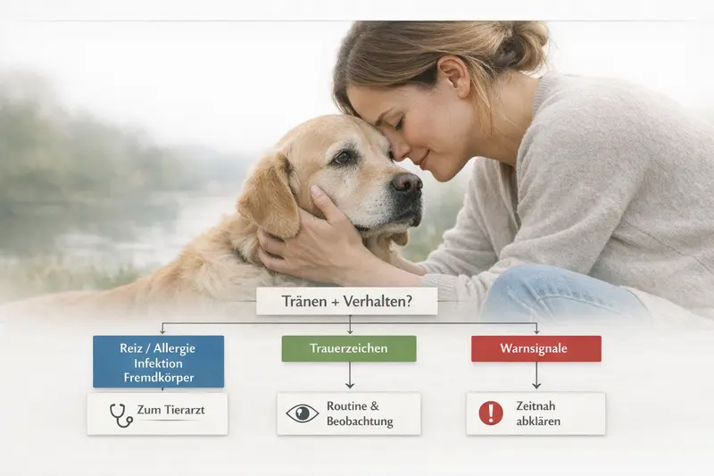 Entscheidungsbaum für Hundehalter zu Tränen und Verhalten mit Reiz, Allergie, Infektion und mehr.