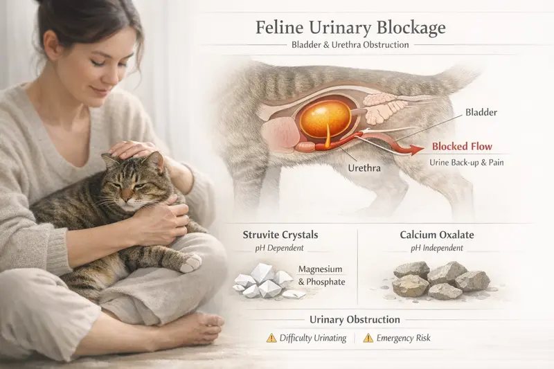 Erklärgrafik der Harnwege einer Katze mit hervorgehobener Blase und Harnröhre sowie Hinweisen auf mögliche Blockaden.