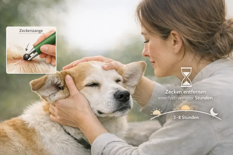 Illustration zur korrekten Entfernung einer Zecke bei Hunden mit Zeckenzange innerhalb der empfohlenen Stunden.