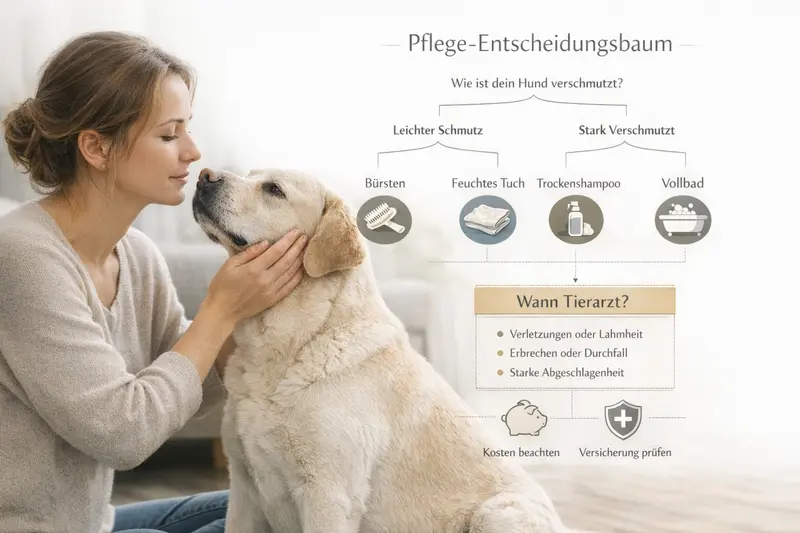 Entscheidungsbaum zur Pflege von Hunden mit Optionen wie Bürsten, feuchtes Tuch, Trockenshampoo und Vollbad sowie einem Hinweis zur Tierarztbesuch-Planung.