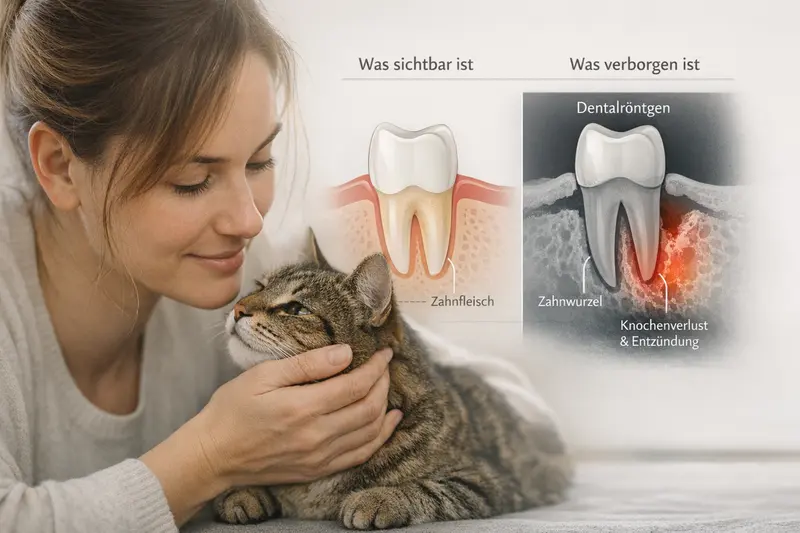 Illustration eines Zahns mit Wurzel und dem Bereich unter dem Zahnfleisch einer Katze, um den Nutzen des Dentalröntgens zu verdeutlichen.