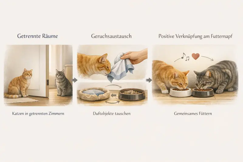 Illustration zur Schrittfolge für die Zusammenführung von Katzen über Gerüche mit einem Futternapf.