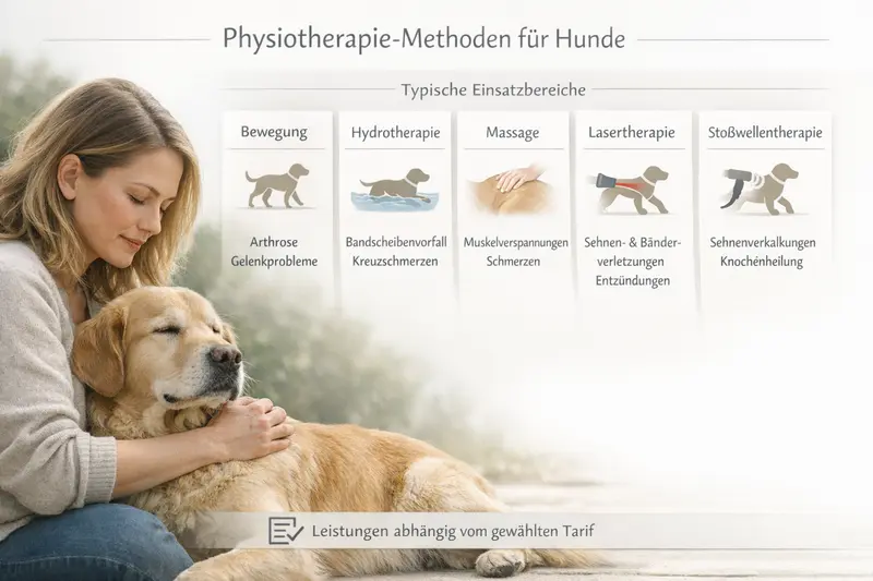 Erklärgrafik zur Physiotherapie für Hunde mit verschiedenen Behandlungsmethoden und deren Einsatzbereichen.