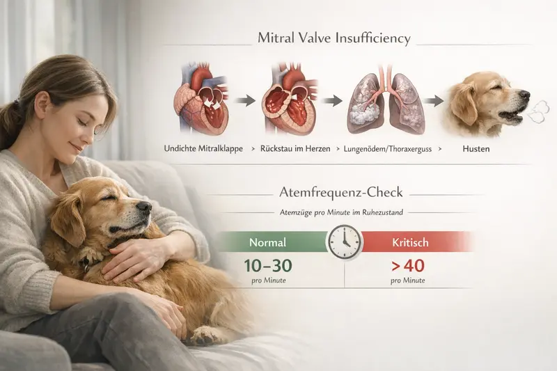 Erklärgrafik zu Mitralklappeninsuffizienz bei Hunden mit Abläufen von Rückstau zu Lungenödem und Husten sowie einem Mini-Check zur Atemfrequenz.