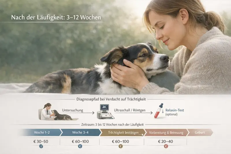 Zeitstrahl zur Läufigkeit bei Hunden mit Diagnosepfad für Tierhalter