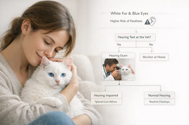 Erklärgrafik, die den Zusammenhang zwischen Katzen mit weißem Fell und blauen Augen sowie einem erhöhten Risiko für Hörprobleme darstellt.