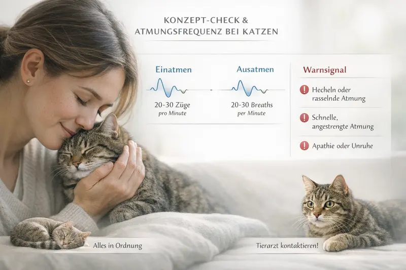 Eine Erklärgrafik zeigt den Atemrhythmus einer Katze sowie die Unterschiede zwischen Wohlfühlen und Warnsignalen.