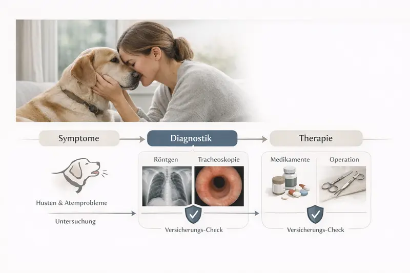 Erklärgrafik zum Behandlungspfad von Hundesymptomen bis zur Therapie, einschließlich Diagnostik und Versicherungs-Checkpoints.