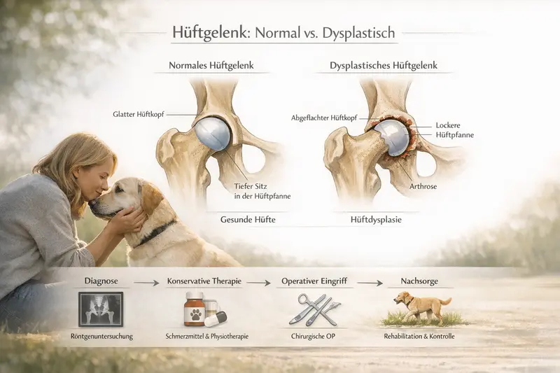 Erklärgrafik zum Vergleich eines normalen Hüftgelenks und eines Hüftgelenks mit Dysplasie bei Hunden, inklusive Therapiepfad.