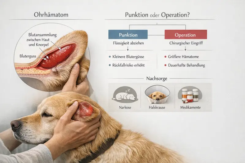 Erklärgrafik zeigt die Ohrmuschel eines Hundes mit Blutansammlung und Entscheidungshilfen zur Behandlung.