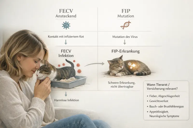 Grafik zeigt den Unterschied zwischen FECV Ansteckung und FIP Mutation bei Katzen sowie eine Entscheidungsbox für Tierarztbesuch.