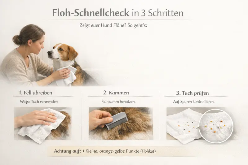 Schnellcheck bei einem Hund mit einem weißen Tuch und Flohkamm, orange-gelbe Punkte als Warnhinweis.