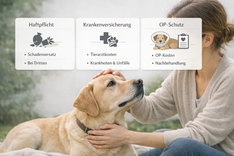 Erklärgrafik zum Vergleich zwischen Haftpflicht-, Krankenversicherung und OP-Schutz für Hunde