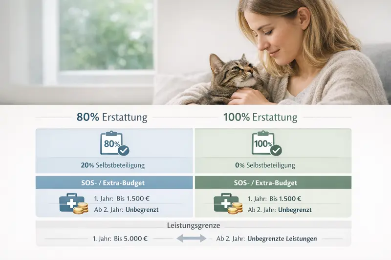 Erklärgrafik zum Vergleich von Katzenversicherungen mit 80% und 100% Kostenerstattung.