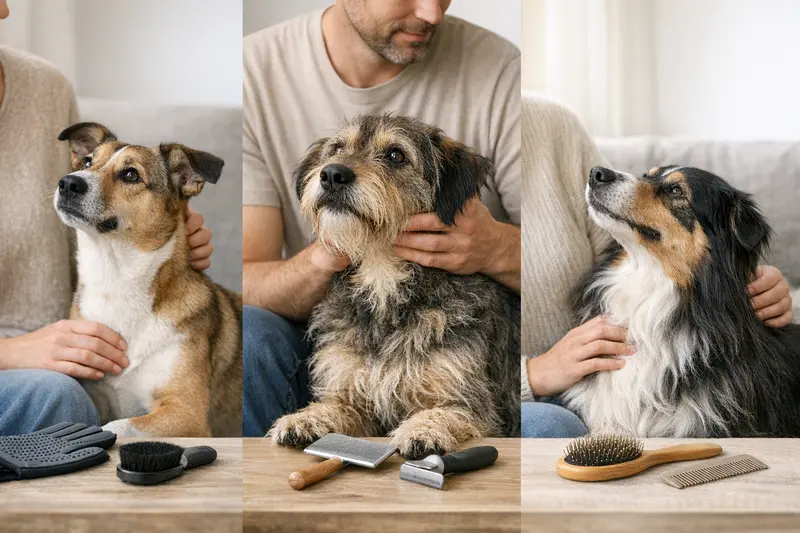 Übersicht der verschiedenen Felltypen von Hunden, inklusive Kurzhaar, Rauhaar und Langhaar, mit passenden Tools zur Fellpflege.