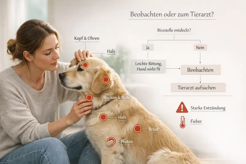 Grafik mit typischen Stichstellen am Hund und Entscheidungsbaum für Tierhalter zur Beurteilung von Gesundheitszuständen.