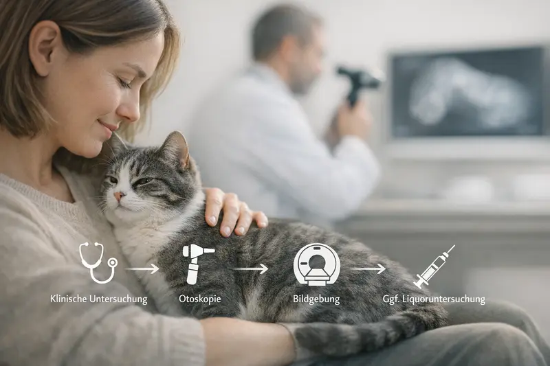 Eine Katze wird durch einen Tierarzt untersucht, wobei verschiedene diagnostische Schritte gezeigt werden.