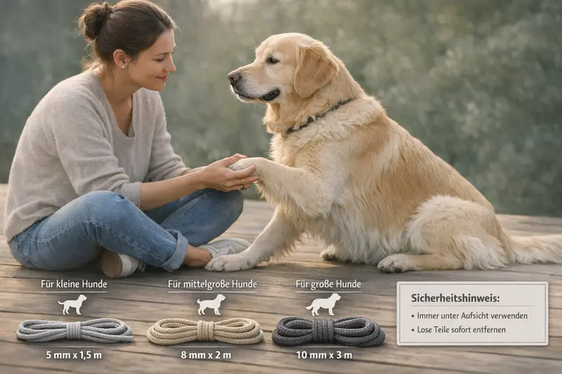 Infografik zur Seildicke und -länge für Hunde je nach Größe mit Sicherheits-Hinweisen.