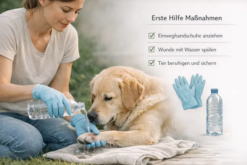 Hundehalter verwendet Handschuhe und Wasserflasche zur Erstversorgung eines verletzten Hundes.