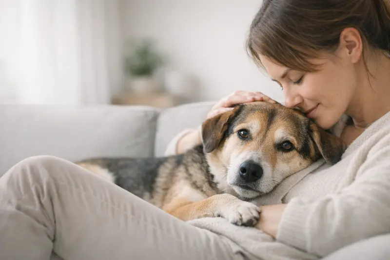 Ein ruhiger und vertrauensvoller Hund liegt entspannt auf einer Wiese und symbolisiert Gesundheit und Sicherheit.