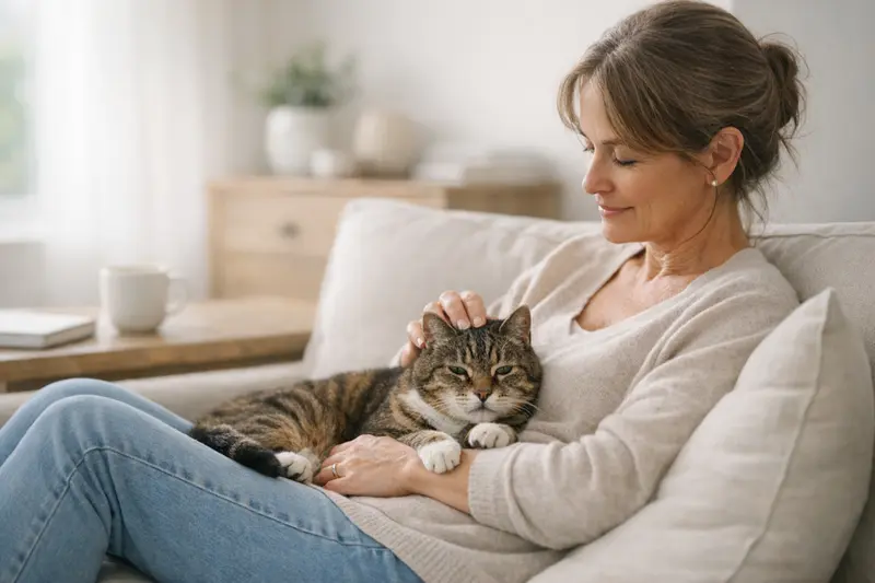 Eine entspannte ältere Katze in einer ruhigen Wohnsituation, die Gemütlichkeit und Nähe ausstrahlt.