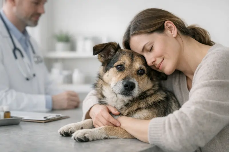 Ein glücklicher Hund und eine zufriedene Katze in einer Tierarztpraxis, symbolisieren die Sicherheit durch Tierversicherungen.
