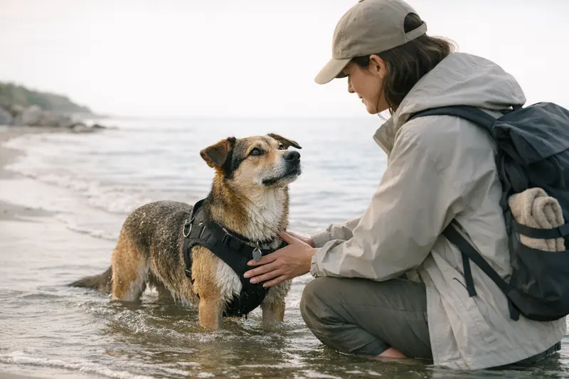 Ein glücklicher Hund spielt am Strand und genießt das Wasser, symbolisiert Sicherheit und Vorbereitung für Hundebesitzer.