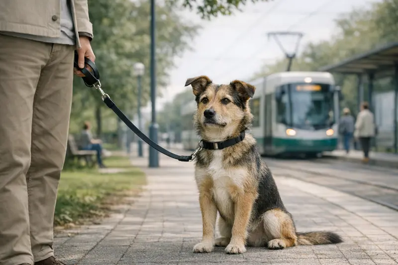 Ein freundlicher Hund an kurzer Leine in einem städtischen Park, Symbol für Alltagstauglichkeit.