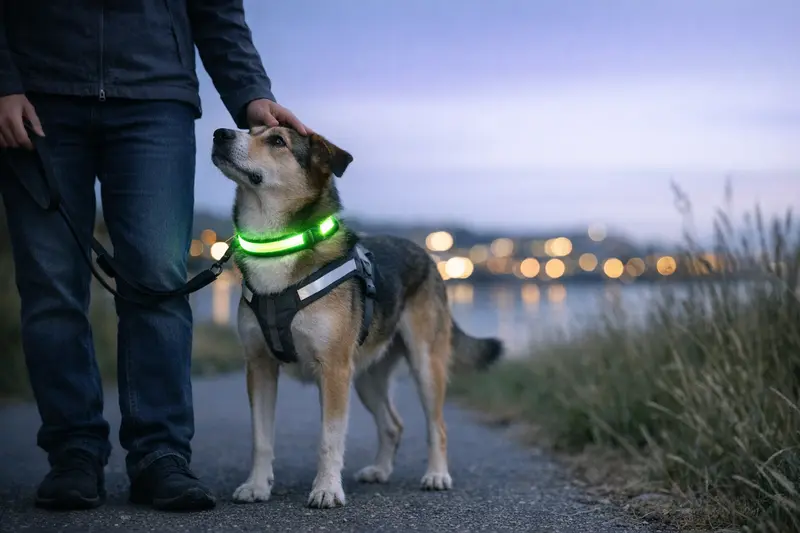 Ein Hund mit einem Leuchthalsband beim nächtlichen Spaziergang zeigt die Bedeutung von Sicherheit und Sichtbarkeit für Tierhalter.