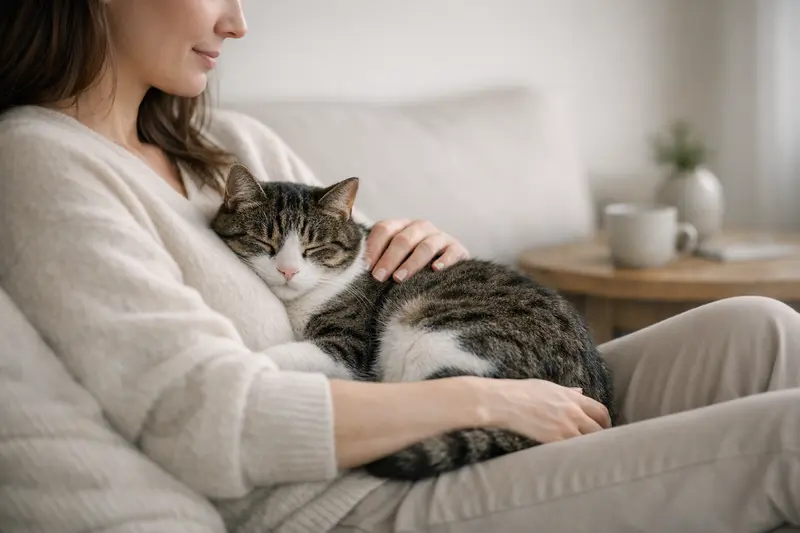 Eine Katze liegt entspannt in der Nähe ihres Halters und zeigt Zuneigung und Sicherheit.