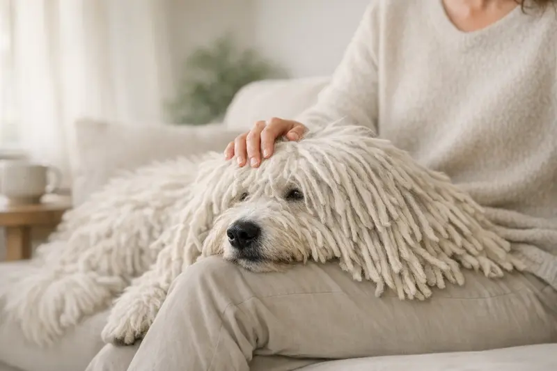Ein Komondor mit charakteristischem Schnürenfell entspannt in einer ruhigen Alltagsszene.