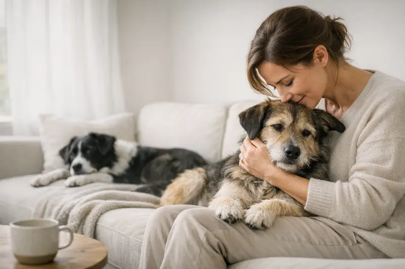 Zwei Hunde entspannen friedlich in einem liebevollen Mehrhunde-Haushalt, symbolisierend Verantwortung und Sicherheit.