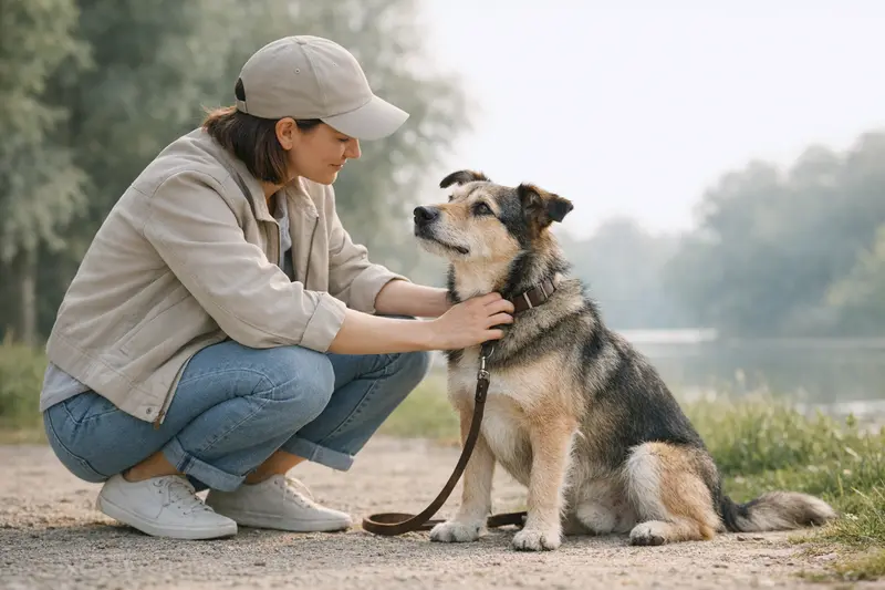 Ein entspannter Hund genießt einen sonnigen Spaziergang mit seinem Besitzer im Park.
