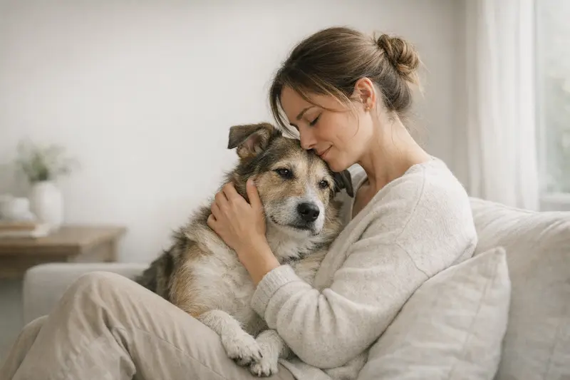 Eine vertrauensvolle Interaktion zwischen Hund und Halter, die den Fokus auf Tiergesundheit legt.