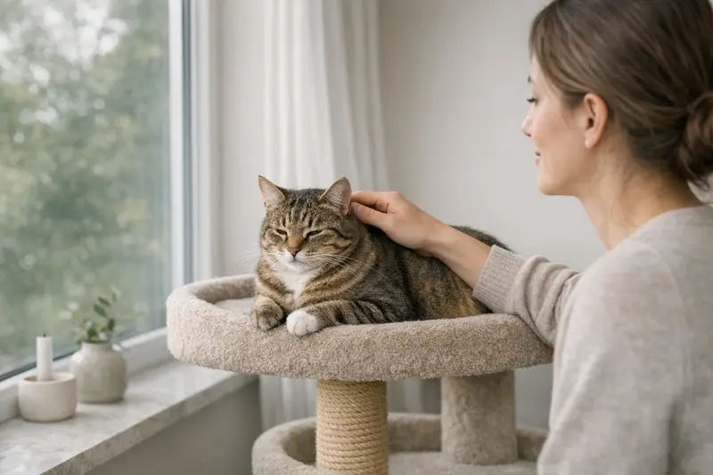 Eine entspannte Katze sitzt am Fenster und genießt die Aussicht, ein Bild von Sicherheit und Routine.