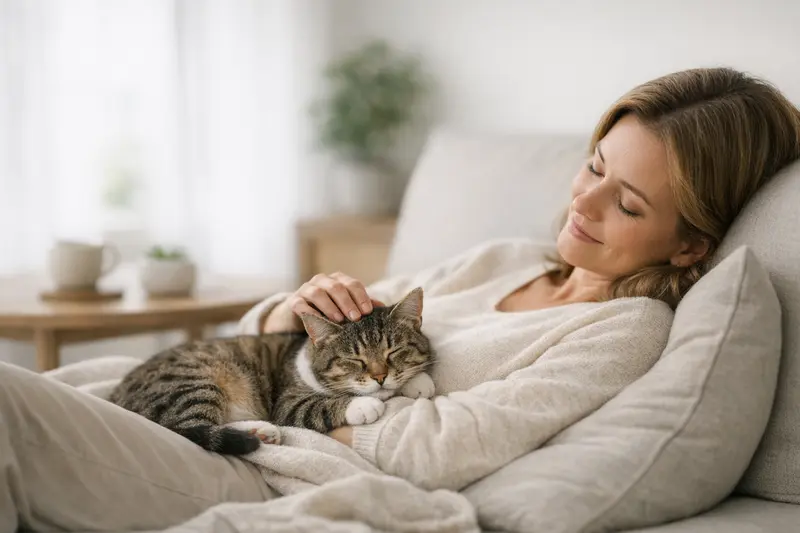 Eine entspannte Katze genießt ihre sichere Umgebung in einem gemütlichen Zuhause.