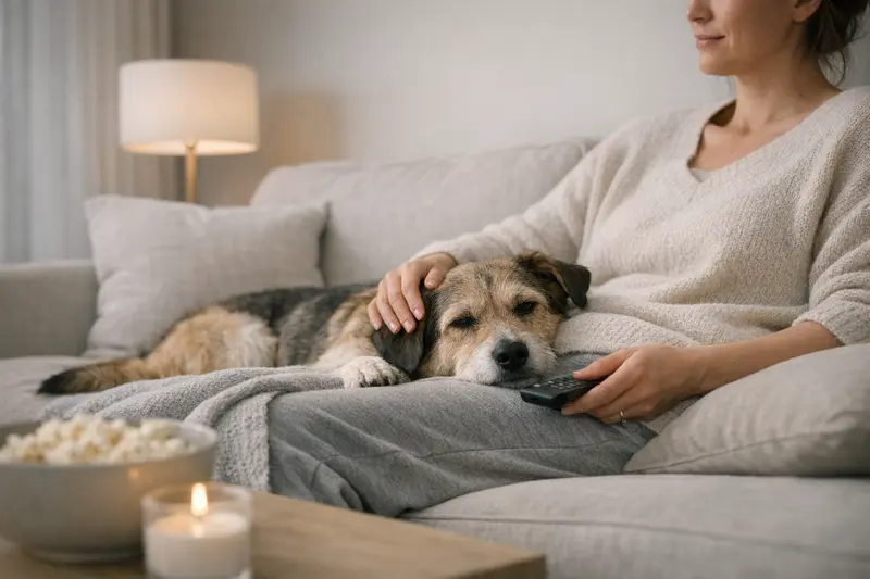 Eine entspannte Katze sitzt gemütlich auf dem Sofa während eines Filmabends.
