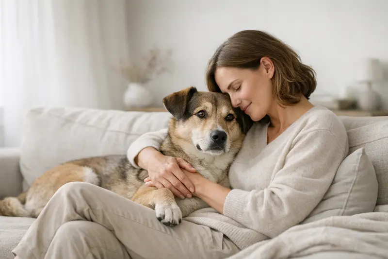 Ein entspannter Hund und eine liebevolle Halterin verbringen Zeit in einer ruhigen, hochwertigen Umgebung.