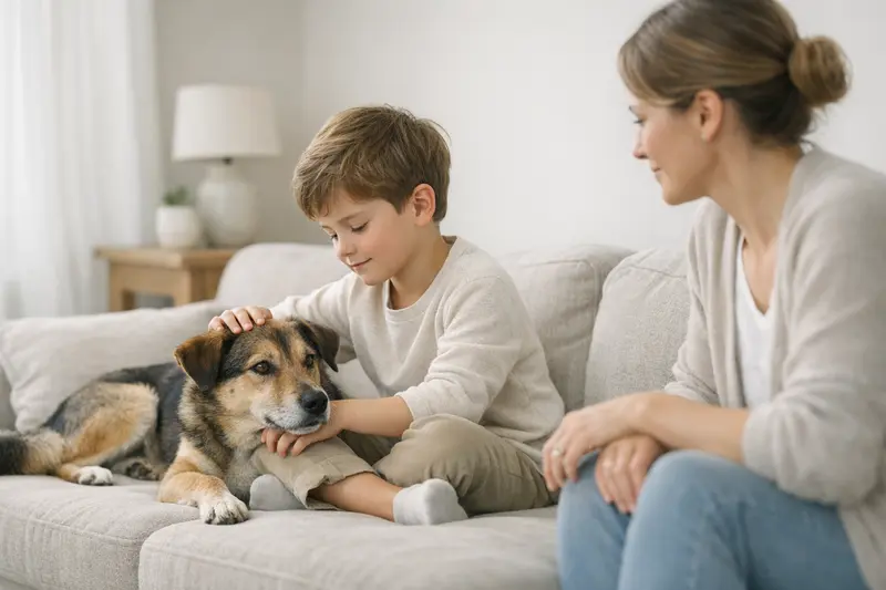 Ein ruhiger Hund interagiert mit einem Kind unter Aufsicht, was ein Gefühl von Sicherheit vermittelt.