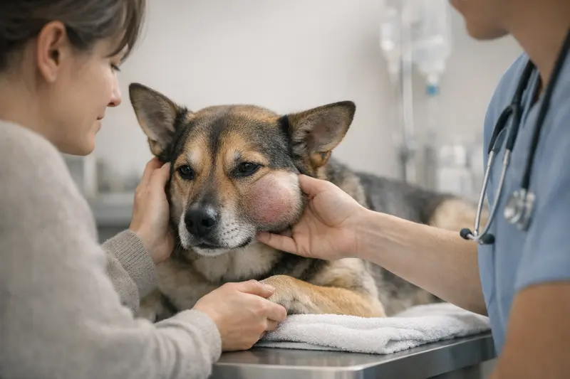 Ein Hund mit sichtbarer Schwellung wird in einer medizinischen Umgebung behandelt.
