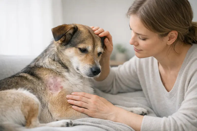 Ein gesunder Hund mit glänzendem Fell, der in einem ruhigen Umfeld sitzt, strahlt Vertrauen aus.