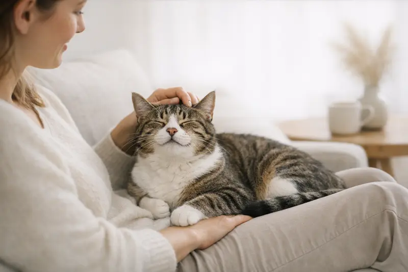 Eine ruhige Katze, die beim Streicheln schnurrt, vermittelt Vertrauen und Entspannung.
